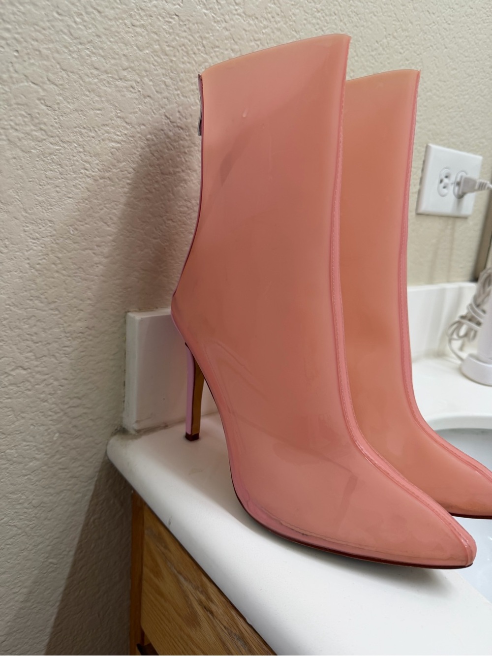 Prettylittlething transparent pink pointed-toe stiletto ankle booties